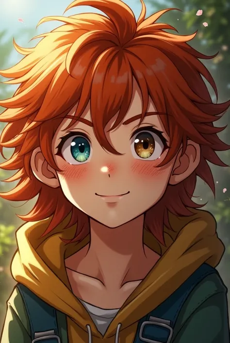 Redheaded boy, long hair, with heterochromia, somewhat noticeable freckles, with a nice smile and a somewhat disheveled appearance 