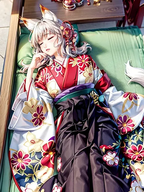 Anime, girl, woman, teenager, hakama, furisode, long hakama, floral pattern kimono, fox, fox ears, fox tail, big ears, big tail, Sleeping woman, sleeping face