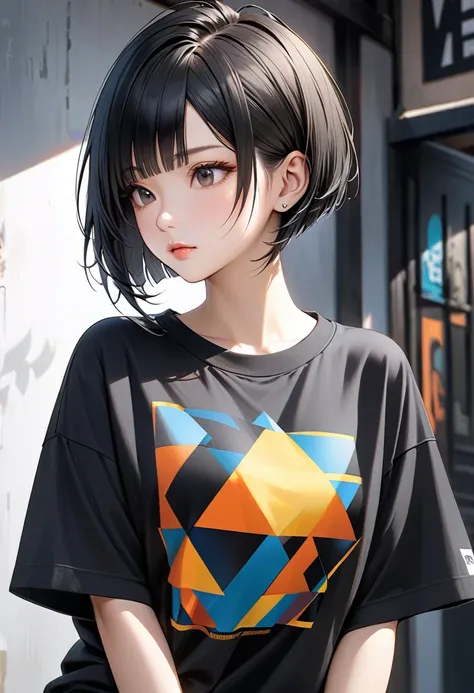 Black Hair、Boyish short cut。One woman。Focus on the face。Realistic。Baggy T-shirt。T-shirt with geometric logo。The hairstyle is undercut。