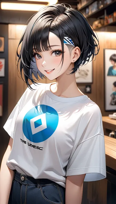 Black Hair、Boyish short cut。One woman。Focus on the face。Realistic。Baggy T-shirt。T-shirt with geometric logo。The hairstyle is undercut。smile。