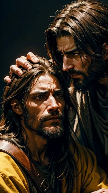 "Judas in a moment of pause, inches from Jesus, with his expression revealing doubt and conflict.