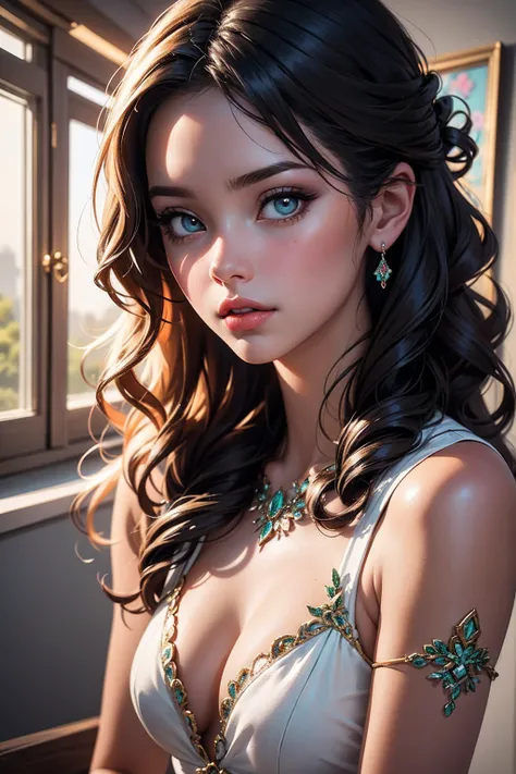 girl with curly rude  hair and mint  eyes, stunning digital illustration, beautiful digital artwork, exquisite digital illustration, gorgeous digital art, beautiful digital illustration, 4k highly detailed digital art, digital cartoon painting art, realist...