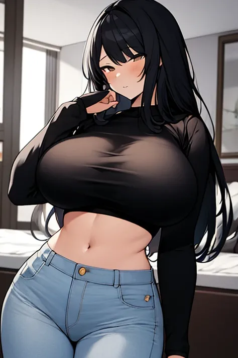 masterpiece, Best Quality, Girl, women, high resolution, Girl anime, women sexy, big breasts, nerviosa,  pelo largo, blusa blanca, pantalón jeans, ojos amarillos, en la casa, iris color amarillo