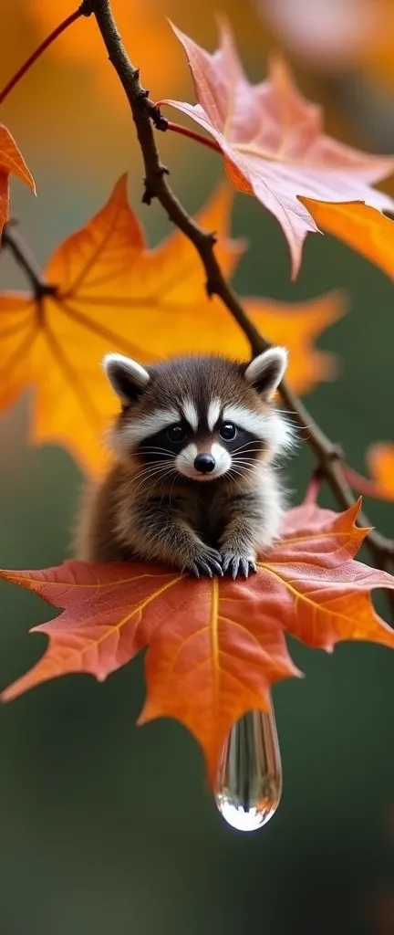 A macro photograph of a tiny, extra fluffy baby raccoon sitting on a vibrant autumn maple leaf. The racoon is suspended in a giant droplet of water, which glistens with intricate light refractions. The background reveals a delicate tree branch. The overall...