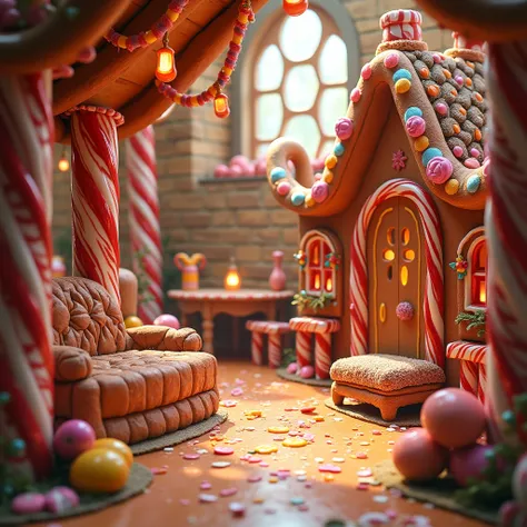 The interior of a cozy, whimsical candy house, with walls made of gingerbread, colorful candy decorations, and large candy canes supporting the structure. The furniture is made from chocolate and sweets, and the floor looks like it’s made of smooth caramel...