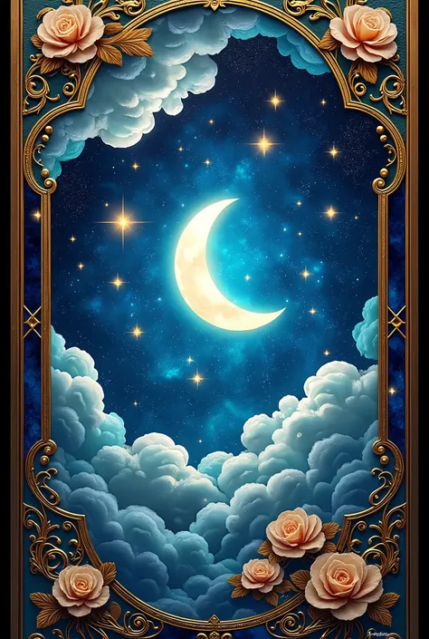 Create a 3D stained glass pattern featuring a celestial scene with a crescent moon, twinkling stars, and swirling clouds. The design should have intricate details with glowing, translucent blues, silvers, and golds. Each panel should capture the reflective...