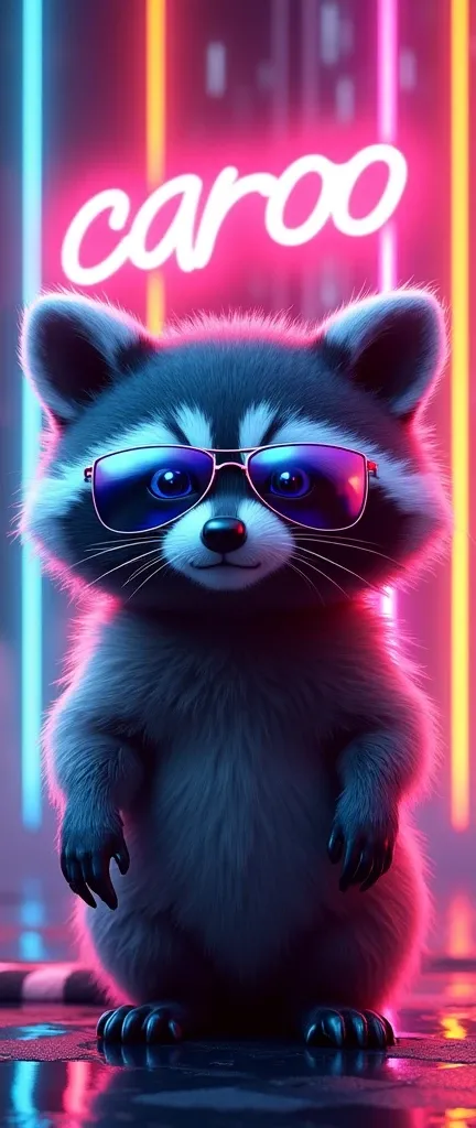 A photo of a cute extra fluffy baby raccoon with realistic fur. The raccoon is wearing futuristic, neon-infused digital art piece featuring a racoon character with sleek fur and reflective sunglasses. The glowing text "caroo" sits above the figure, while t...