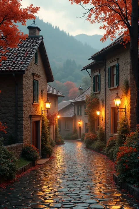 realistic photo.  Autumn landscape of Tuscany in Italy. Cobblestone streets wet from the rain, with houses with lit windows. Fairytale style magic and beautiful. 