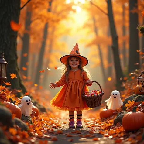 A bright autumn forest with orange and yellow leaves and Halloween decorations. In the middle of the scene, add a  wearing a cute Halloween costume, holding a basket filled with candy. She has a joyful expression, enjoying the festive atmosphere, with pump...