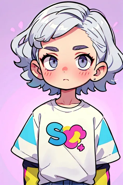 Silver Hair　Perm short hair　Grey Eyes　Beautiful Boy　Rainbow shirt　Sheep Background　Worried eyebrows