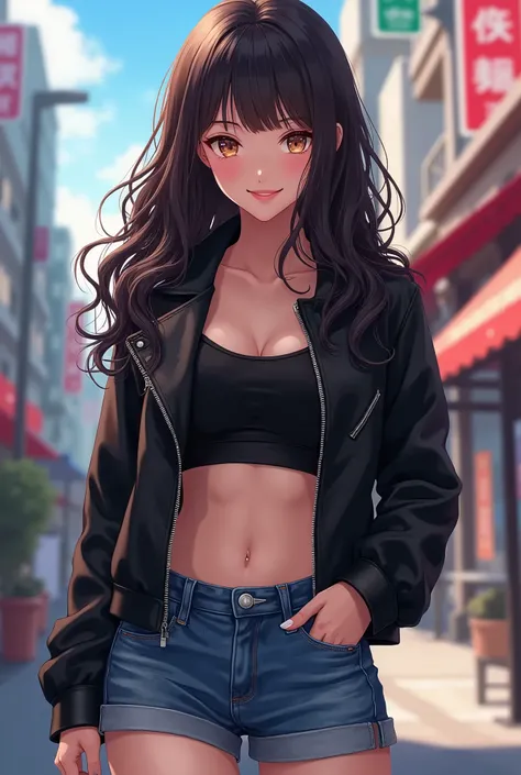 Detailed image of cute anime girl with curly long hair wearing a black jacket, crop top, in realistic jean shorts in a city with hand in pocket. masterpiece. Realistic jean shorts 




