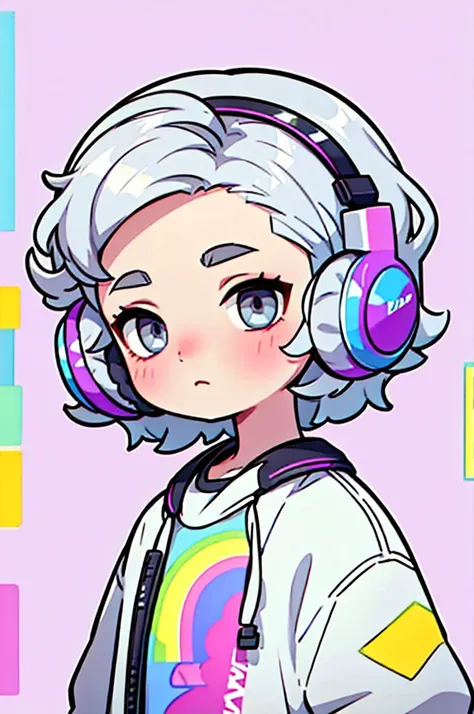 Silver Hair　Perm short hair　Grey Eyes　Beautiful Boy　Rainbow shirt　Sheep Background　Worried eyebrows　Rainbow colored headphones