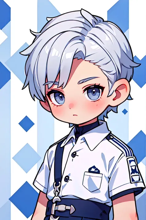 Silver Hair　Short Hair　Grey Eyes　Beautiful Boy　Navy blue and white jersey　Checkered Background