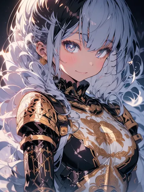 A cute girl with silver hair and bangs, wearing black armor and wielding an intricately detailed sworo adorned in gold patterns. The drawing is done by hand using digital ink on paper ,
featuring an anime-style character design with soft lighting.