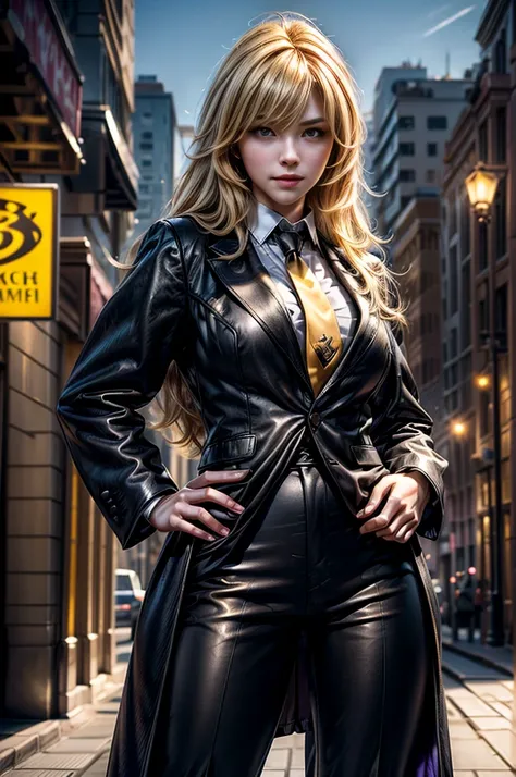 masterpiece,best quality,1girl,yang xiao long,ahoge,blonde hair, ahoge, purple eyes,large breasts,(formal,tuxedo,black coat,black pants,yellow necktie),light smile,standing,cowboy shot,in city center, crowd, (masterpiece,stunning girlfriend, heart shaped f...