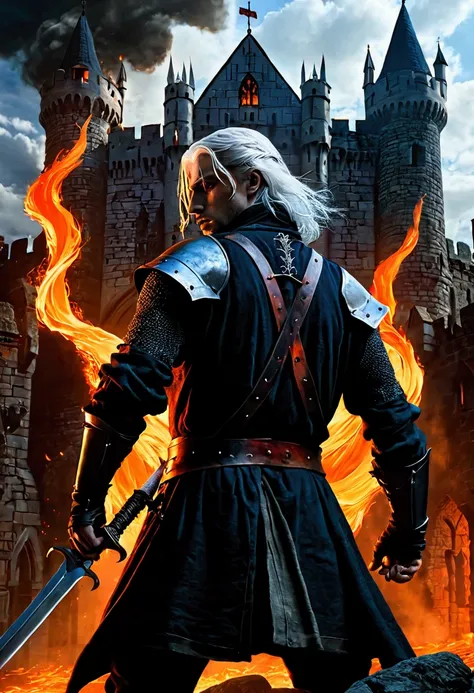 An imposing scene of a medieval castle in the background, Lens In the foreground, a young, white-haired man with his back to the viewer, wields a sword with black flames coming out of the blade. The color palette is dominated by dark shades of black and bl...