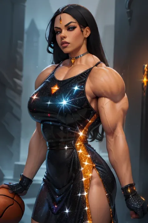 ((Close-up)), tall, (black hair) beautiful muscular woman, long straight hair, brown skinned, closed smile, (black lipstick), (massive muscles), (hyper muscle), ((ginormous bulky muscles)), orange eyes, ((((long sparkly black Crystalline basketball jersey ...