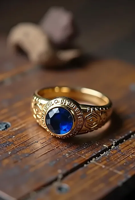 Men&#39;s pinky ring made of gold with sapphire size 6 with the inscription in Latin through thorns to the stars on the outside