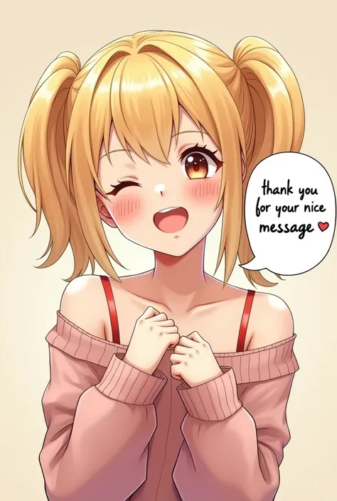 a beautiful and shy blonde young lady with cute pigtails, freckles, shy flirting with her hands. Add a text balloon saying "Thank you for your nice message ❤️💖", joyful, happy, photorealistic, digital art