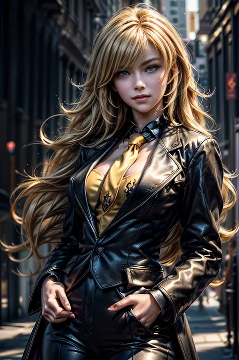 masterpiece,best quality,1girl,yang xiao long,ahoge,blonde hair, ahoge, purple eyes,large breasts,(formal,tuxedo,black coat,black pants,yellow necktie),light smile,standing,cowboy shot,in city center, crowd, (masterpiece,stunning girlfriend, heart shaped f...