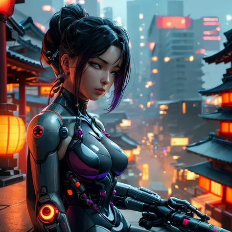 female cyborg kunoichi relaxing on the roof of a traditional japanese temple in a cyberpunk city at night. lots of neon signs on...