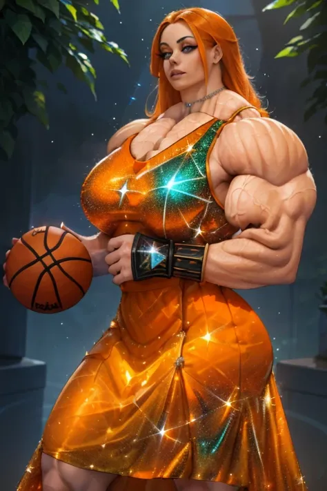 ((Close-up)), tall, (orange hair) beautiful muscular woman, long shaggy hair, pale white skinned, closed smile, (black lipstick), (massive muscles), (hyper muscle), ((ginormous bulky muscles)), green eyes, ((((long sparkly orange Crystalline basketball jer...