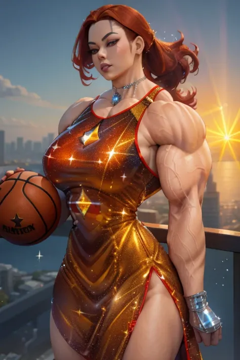 ((Close-up)), tall, (red hair) beautiful muscular asian woman, long hair, pale white skinned, closed smile, (black lipstick), (massive muscles), (hyper muscle), ((ginormous bulky muscles)), yellow eyes, ((((long sparkly red Crystalline basketball jersey Dr...