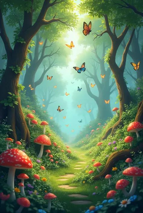 Animated forest with butterflies, flores, red mushrooms
