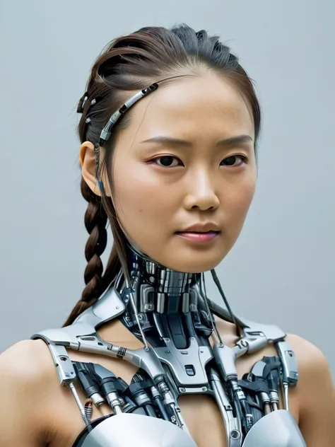 cyborg, science fiction, realistic, android, asian female, ((whole body)), mechanical parts, robot braids, half head