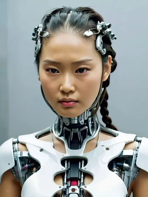 cyborg, science fiction, realistic, android, asian female, ((whole body)), mechanical parts, robot braids, half head