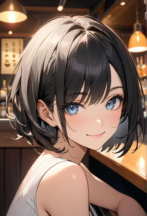 Upper body close-up（((masterpiece), on)""Perfect face, short black hair, beautiful eyes, Japanese, clean facial features, she sits at the bar counter, gazing into the camera. Her expression is relaxed, with a calm smile that exudes a sense of mature confid...