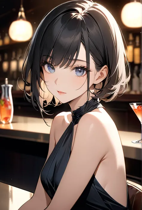 Upper body close-up（((masterpiece), on)""Perfect face, short black hair, beautiful eyes, Japanese, clean facial features, she sits at the bar counter, wearing a halter-neck dress, holding a cocktail in one hand. The soft lighting in the background highligh...