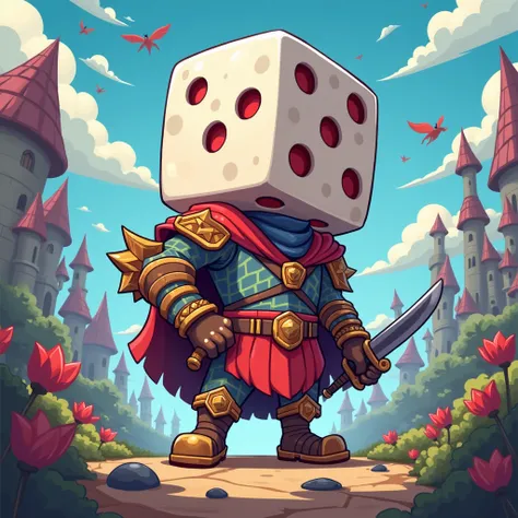 a cartoon warrior with a six-sided dice head, the dice must have different number of dots in each side, cartoon fantastic background