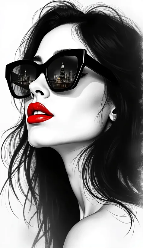 A captivating black and white sketch of a mysterious woman in profile, with raven-black hair and sleek sunglasses. Her crimson lips contrast against the monochrome background, drawing the viewers eye. The artwork, titled "T Mann," showcases bold brushstrok...