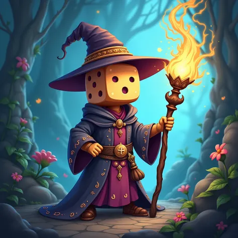 A cartoon wizard whose head is a six sided dice, wizard, dice, d6, staff