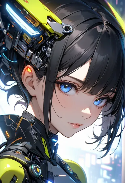 Upper body close-up（((masterpiece), on)""Perfect face, short black hair, beautiful eyes, Japanese, clean facial features, she wears a futuristic cyberpunk costume, gazing sharply into the camera. Her expression exudes calm determination, with mechanical pa...