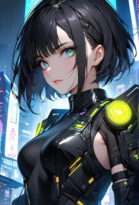 Upper body close-up（((masterpiece), on)""Perfect face, short black hair, beautiful eyes, Japanese, clean facial features, she stands as a cyberpunk warrior, wearing a black leather suit with glowing LED accessories, set against a futuristic cityscape. Her ...