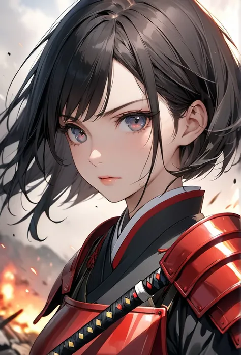 Upper body close-up（((masterpiece), on)"Perfect face, short black hair, beautiful eyes, Japanese, clean facial features, she stands as a Japanese warrior, dressed in black and red armor, holding a katana. The background suggests a battlefield, making her p...