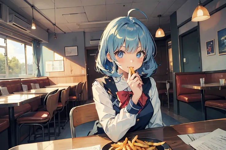 (((beautiful detailed)))(cute face:1.2)1girl, A girl stuffing her face with french fries, Girl laughing while eating a pile of french fries, Inside a 1950s-style diner, 1950s-style interior, Navy blue hair, blue eyes, A short-sleeved white shirt with four ...