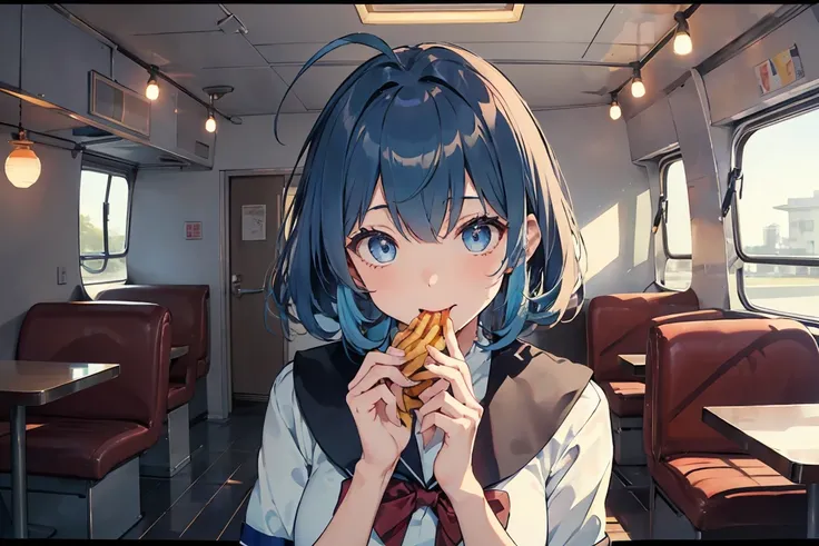 (((beautiful detailed)))(cute face:1.2)1girl, A girl stuffing her face with french fries, Girl laughing while eating a pile of french fries, Inside a 1950s-style diner, 1950s-style interior, Navy blue hair, blue eyes, A short-sleeved white shirt with four ...