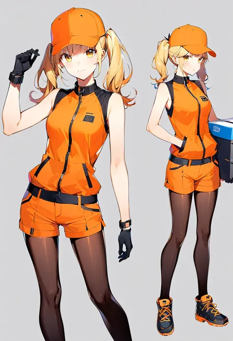 One Girl,Blonde,hat,Twin tails,Delivery Person,The color of the clothes is orange,Sleeveless jacket,Shorts,Black Pantyhose,Black innerwear,,Yellow eyes,Black gloves,Mouth closed and expression blank