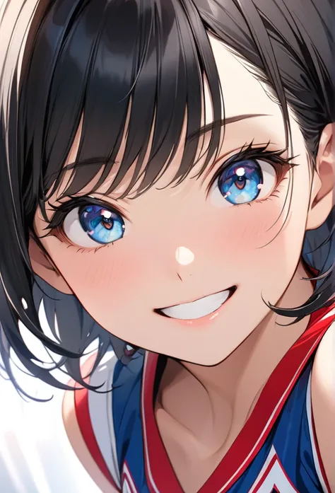 Upper body close-up（((masterpiece), on)""Perfect face, short black hair, beautiful eyes, Japanese, clean facial features, she wears a cheerleader costume, flashing a bright and energetic smile at the camera. Her expression is full of liveliness, with her s...