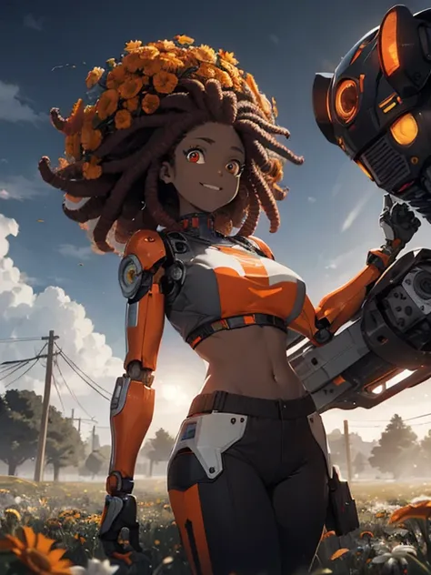 1 female, afro hair, red hair, long afro dread hair, robot body, full robot body, robot eyes, robot arms, robot legs, robot face, robotic, black afro hair, huge breast, thick legs, orange crop top, sport pants, orange pants, with guns, dark sky, grass, gra...