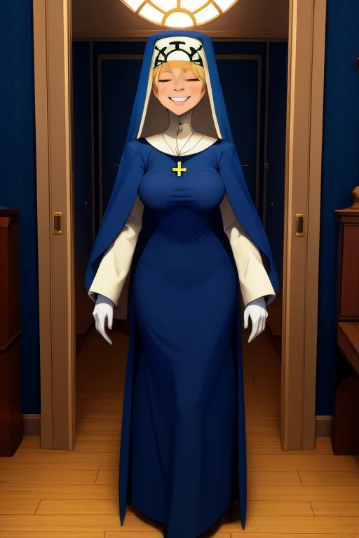 Double, short blonde hair, nun uniform, medium breasts, solo, 1girl, smiling, closed eyes, blue habit, cape, cross necklace ,white gloves, long sleeves, nun, long skirt, room, floor, standing