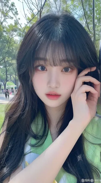 arafed asian woman talking on a cell phone in a park and green blue eyes, ulzzang, lalisa manobal, jinyoung shin, she has black ...