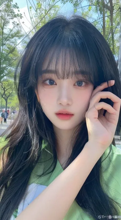 arafed asian woman talking on a cell phone in a park and green blue eyes, ulzzang, lalisa manobal, jinyoung shin, she has black hair with bangs, xintong chen, with cute - fine - face, jaeyeon nam, wan adorable korean face, young adorable korean face, young...