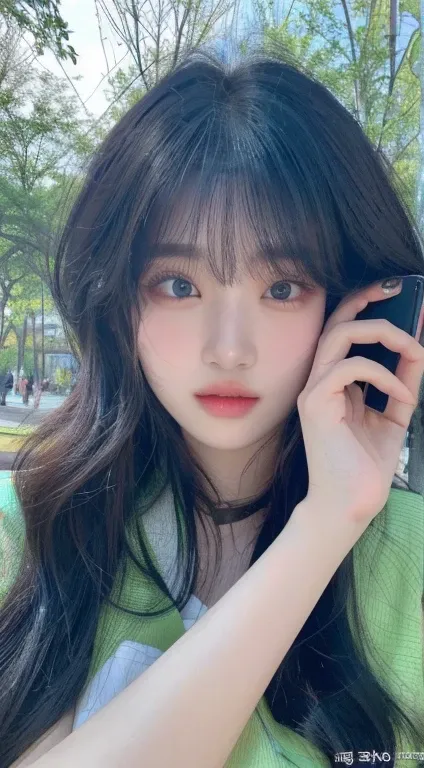 arafed asian woman talking on a cell phone in a park and green blue eyes, ulzzang, lalisa manobal, jinyoung shin, she has black ...