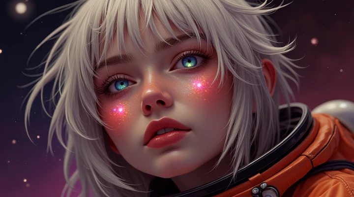 Close-up of an improved masterpiece:1.5)0.9], (Space and astronauts:1.2) (Messy silver hair:1.1) (heterochromia: xanthochromia and blue eyes:1.2) (Space helmet:1.0) (Colourful stars in the eyes:1.0) (A radiant glow:1.1) (thick lips:0.9)