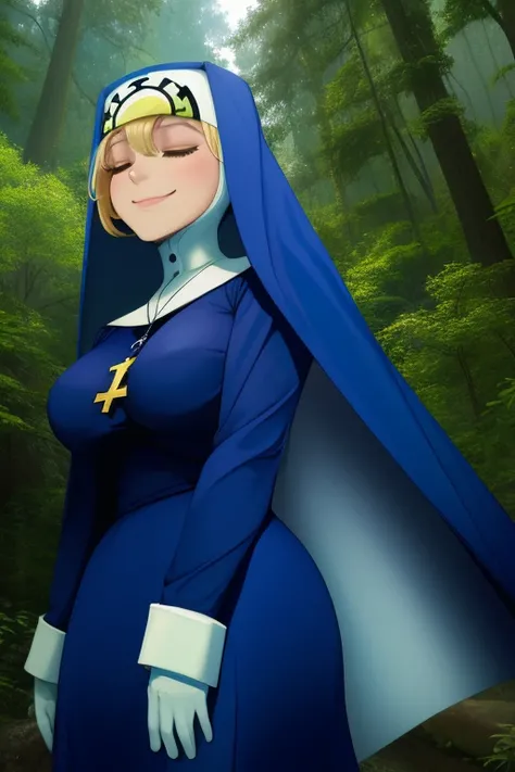 Double, short blonde hair, nun uniform, medium breasts, solo, 1girl, smiling, closed eyes, blue habit, cape, cross necklace ,white gloves, long sleeves, nun, long skirt, forest, standing