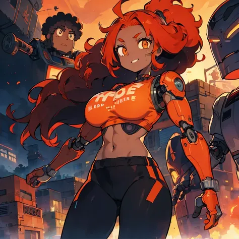 1 female, afro hair, red hair, long afro dread hair, robot body, full robot body, robot eyes, robot arms, robot legs, robot face, robotic, black afro hair, huge breast, thick legs, orange crop top, sport pants, orange pants, with guns, dark sky, grass, gra...